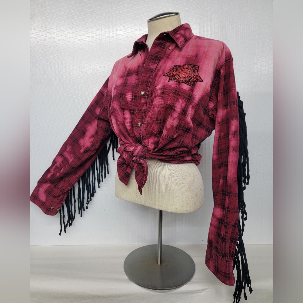 Upcycled Biker Moto Flannel Shirt Shacket Harley Davidson Patch & Fringe - Picture 2 of 13